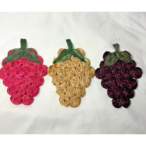 Vintage Wicker Straw Grape Coasters Trivets Set of 3 Pink Beige Purple
